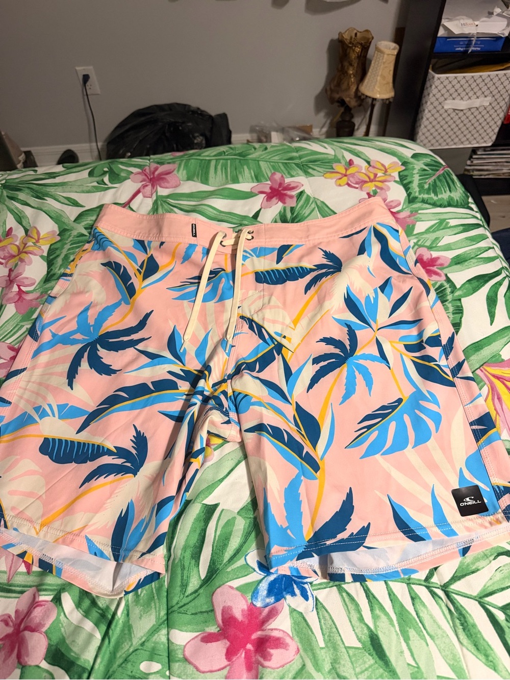 O'Neill Pink Swim Shorts with Blue & Yellow Tropical Print